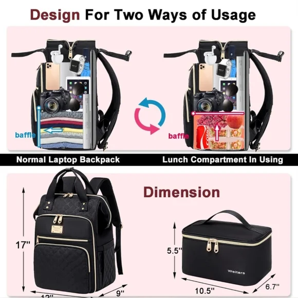 Women's Black Multi Compartment Backpack - Picture 5 of 12